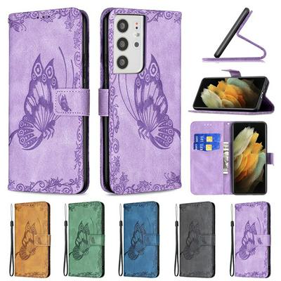 For Samsung Galaxy S21 Ultra 5G Embossed Flying Butterflies Scratch Resistant Wallet Leather Case with Wrist Strap