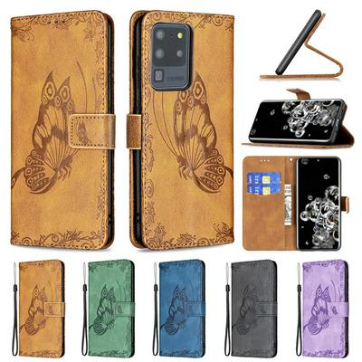 For Samsung Galaxy S20 Ultra Embossed Flying Butterflies Scratch Resistant Wallet Leather Case with Wrist Strap