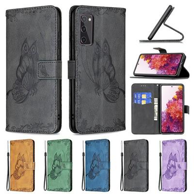 For Samsung Galaxy S20 FE Embossed Flying Butterflies Scratch Resistant Wallet Leather Case with Wrist Strap