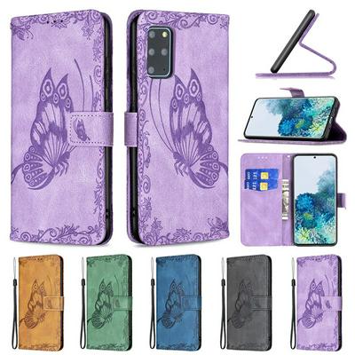 For Samsung Galaxy S20+ Embossed Flying Butterflies Scratch Resistant Wallet Leather Case with Wrist Strap