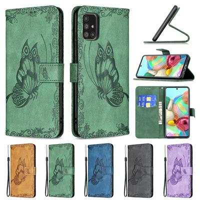 For Samsung Galaxy A71 Embossed Flying Butterflies Scratch Resistant Wallet Leather Case with Wrist Strap