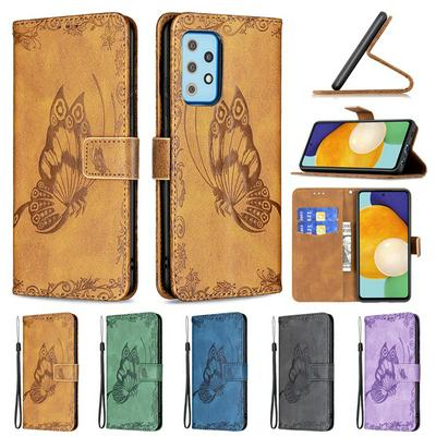 For Samsung Galaxy A52 5G Embossed Flying Butterflies Scratch Resistant Wallet Leather Case with Wrist Strap