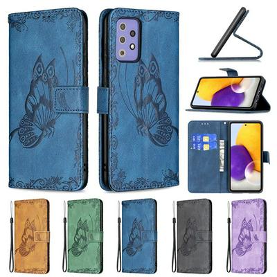 For Samsung Galaxy A72 5G Embossed Flying Butterflies Scratch Resistant Wallet Leather Case with Wrist Strap