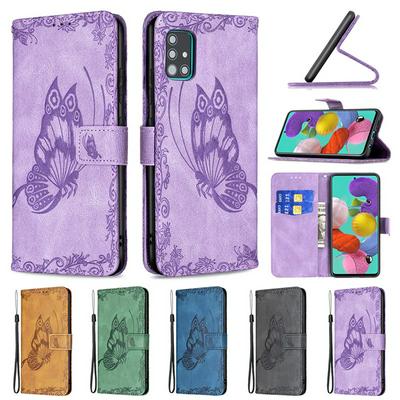 For Samsung Galaxy A51 Embossed Flying Butterflies Scratch Resistant Wallet Leather Case with Wrist Strap