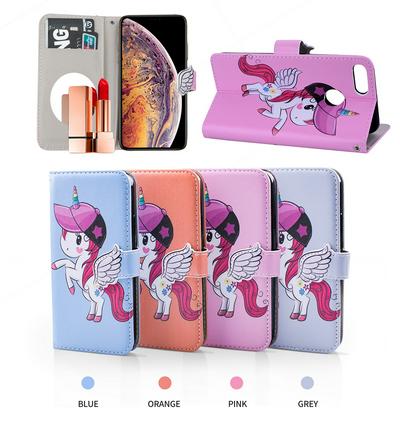 Pegasus Unicorn Pattern with Makeup Mirror PU Leather + Soft TPU with Stand Support and Card Holder and Wallet Slots Protective Case for Huawei P Smart / Enjoy 7S 
