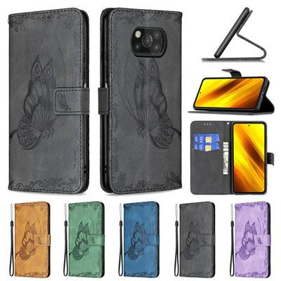 For Xiaomi Poco X3 Embossed Flying Butterflies Scratch Resistant Wallet Leather Case with Wrist Strap