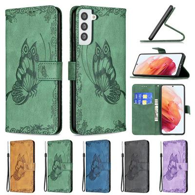 For Samsung Galaxy S21 5G Embossed Flying Butterflies Scratch Resistant Wallet Leather Case with Wrist Strap