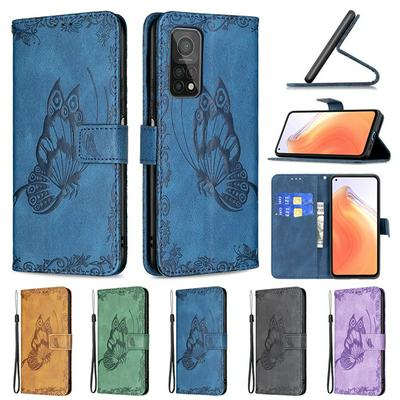 For Xiaomi Mi 10T/10T Pro 5G Embossed Flying Butterflies Scratch Resistant Wallet Leather Case with Wrist Strap