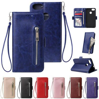 Leather Wallet Case for HUAWEI Enjoy 7, Plain Zipper Phone Cover with Wrist Strap
