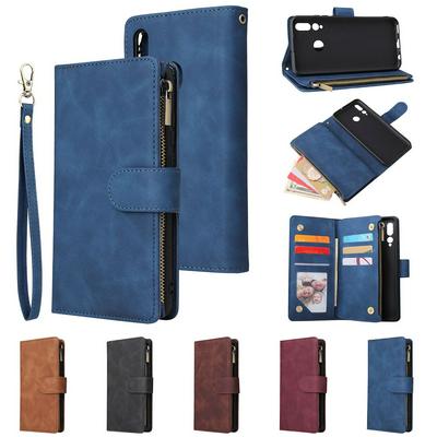 Solid Color Wrist Strap Style Shockproof Side Flip PU Leather + Soft TPU Double Layer Multi-Card Slots Picture Frame with Magnetic Buckle and Stand Zipper Wallet Case for Huawei Enjoy 9s