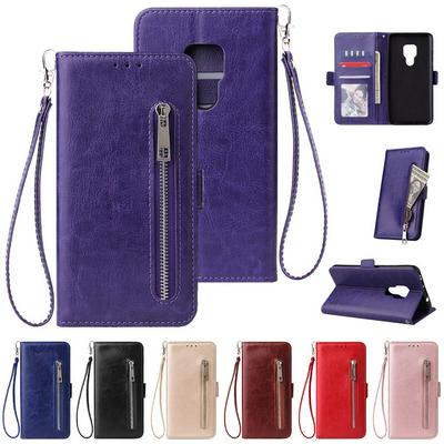 Leather Wallet Case for HUAWEI Mate 20, Plain Zipper Phone Cover with Wrist Strap