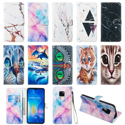 Colored Cat Tiger Owl Dolphin Pattern PU Leather + Soft TPU Card Slots with Stand Wallet Protective Case for Huawei Mate 20