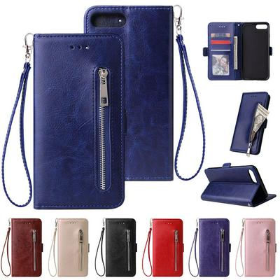 Leather Wallet Case for iPhone 7 Plus//8 Plus, Plain Zipper Phone Cover with Wrist Strap