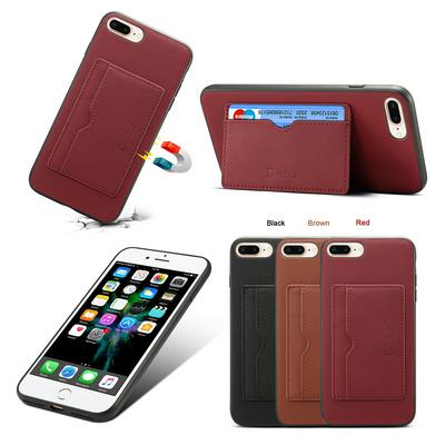 Drop Protection with Viewing Stand and Card Slot Cowhide Genuine Leather Coated PC Back Cover Phone Case for iPhone 7 Plus / 8 Plus 