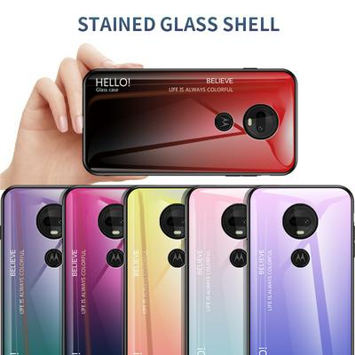Luxury Gradient Bicolor 9H Explosion-Proof Anti-Scratch Tempered Glass Back + Soft TPU Bumper Frame Support Wireless Charging Back Cover Case for Motorola Moto G7 