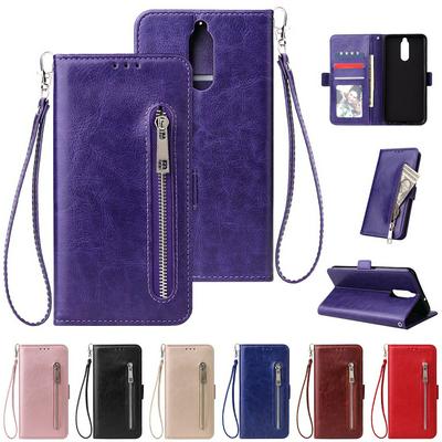 Leather Wallet Case for HUAWEI Mate 10 lite, Plain Zipper Phone Cover with Wrist Strap
