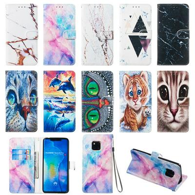 Colored Cat Tiger Owl Dolphin Pattern PU Leather + Soft TPU Card Slots with Stand Wallet Protective Case for Huawei Mate 20 Pro