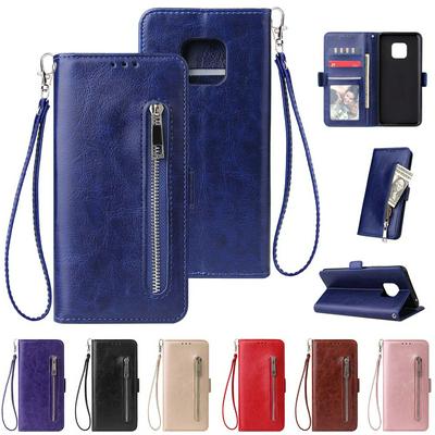 Leather Wallet Case for HUAWEI Mate 20 Pro, Plain Zipper Phone Cover with Wrist Strap