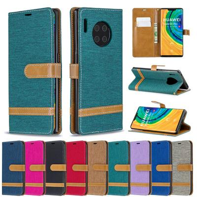 Stitching Color Denim Wrist Strap Style Shockproof Side Flip PU Leather + Soft TPU Card Slots with Magnetic Buckle and Stand Case for Huawei Mate 30 Pro