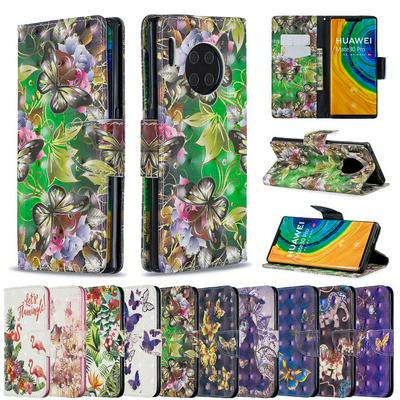 3D Colored Painted Shockproof Side Flip PU Leather + Soft TPU Card Slots with Magnetic Buckle and Stand Case for Huawei Mate 30 Pro