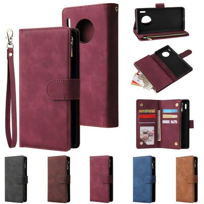 Solid Color Wrist Strap Style Shockproof Side Flip PU Leather + Soft TPU Double Layer Multi-Card Slots Picture Frame with Magnetic Buckle and Stand Zipper Wallet Case for Huawei Mate 30 Pro