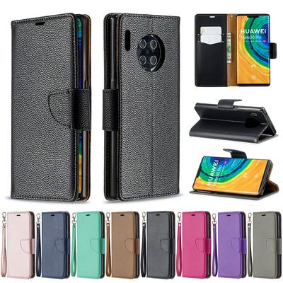 Lichee Skin Pattern PU Leather + Soft TPU Card Slots with Stand Wallet and Wrist Strap Protective Case for Huawei Mate 30 Pro 