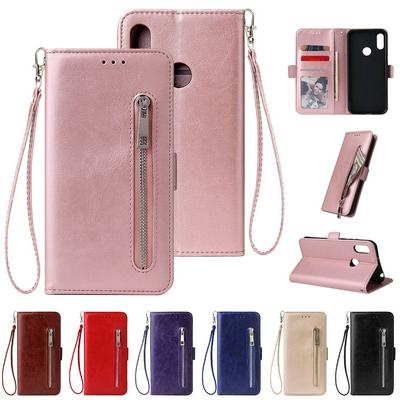 Leather Wallet Case for HUAWEI Honor 8A, Plain Zipper Phone Cover with Wrist Strap