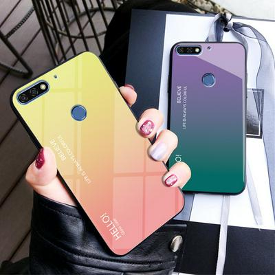 Luxury Gradient Bicolor 9H Explosion-Proof Anti-Scratch Tempered Glass Back + Soft TPU Bumper Frame Support Wireless Charging Back Cover Case for Huawei Honor 7A / Enjoy 8e