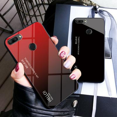 Luxury Gradient Bi-Color 9H Explosion-Proof Anti-Scratch Tempered Glass Back + Soft TPU Bumper Frame Support Wireless Charging Back Cover Case for Huawei Honor 9N / 9i