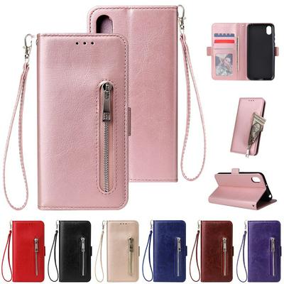 Leather Wallet Case for HUAWEI Honor 8s, Plain Zipper Phone Cover with Wrist Strap