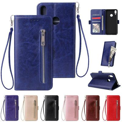 Leather Wallet Case for HUAWEI Honor 8C, Plain Zipper Phone Cover with Wrist Strap