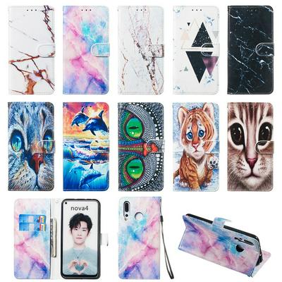 Colored Cat Tiger Owl Dolphin Pattern PU Leather + Soft TPU Card Slots with Stand Wallet Protective Case for Huawei Nova 4