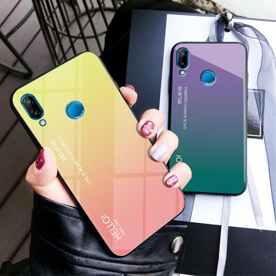 Luxury Gradient Bicolor 9H Explosion-Proof Anti-Scratch Tempered Glass Back + Soft TPU Bumper Frame Support Wireless Charging Back Cover Case for Huawei P Smart+ / Nova 3i