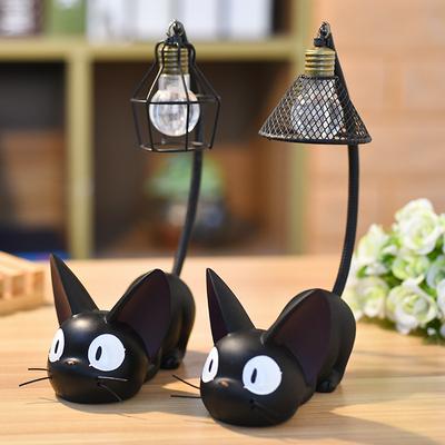 Cartoon Black Cat Night Light Retro Resin Ornament for Bedroom