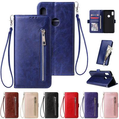 Leather Wallet Case for Xiaomi Redmi Note 5 Pro, Plain Zipper Phone Cover with Wrist Strap