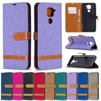 Color Block Denim Cloth All-round Protection PU Leather Phone Protective Case with Card Slots&Stand for Xiaomi Redmi Note 9/Redmi 10X 4G