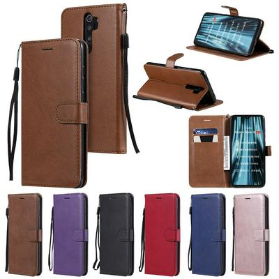 Solid Color Wrist Strap Style Shockproof Side Flip PU Leather + Soft TPU Card Slots Picture Frame with Magnetic Buckle and Stand Wallet Case for Xiaomi Redmi Note 8 Pro
