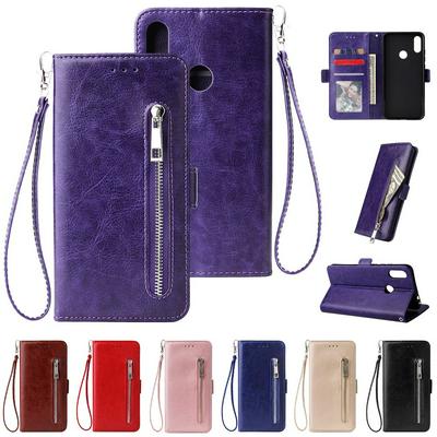 Leather Wallet Case for Xiaomi Redmi Note 7, Plain Zipper Phone Cover with Wrist Strap
