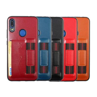 Back Card Slot Phone Case for Xiaomi Redmi Note 7, Leather Coated Soft TPU Phone Cover With Hand Strap
