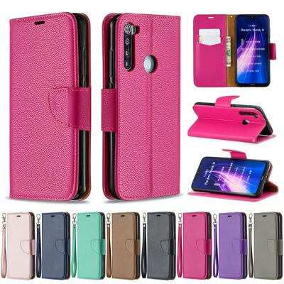 Lichee Skin Pattern PU Leather + Soft TPU Card Slots with Stand Wallet and Wrist Strap Protective Case for Xiaomi Redmi Note 8