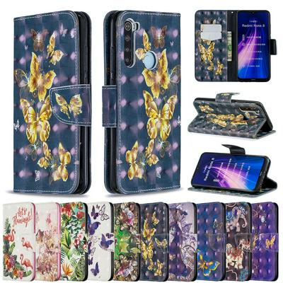 3D Colored Painted Shockproof Side Flip PU Leather + Soft TPU Card Slots with Magnetic Buckle and Stand Case for Xiaomi Redmi Note 8