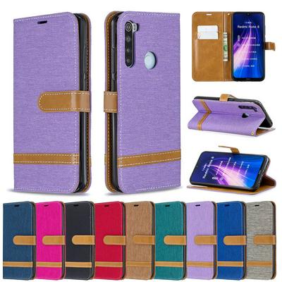 Stitching Color Denim Wrist Strap Style Shockproof Side Flip PU Leather + Soft TPU Card Slots with Magnetic Buckle and Stand Case for Xiaomi Redmi Note 8
