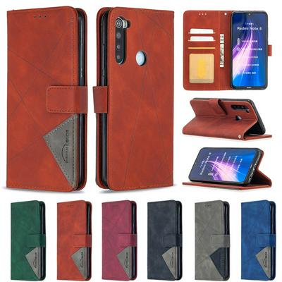 BF05 Style Stitching Color Rhombus Pattern PU Leather + Soft TPU Mganetic Buckle Card Slots with Magnetic Buckle and Stand Wallet Case for Xiaomi Redmi Note 8