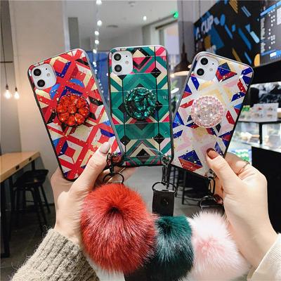 Gold Goil Drop Glue Shockproof with Diamond Studded Airbag Kickstand and Hair Ball Pendant Soft TPU Back Cover Case for iPhone 11 Pro 5.8