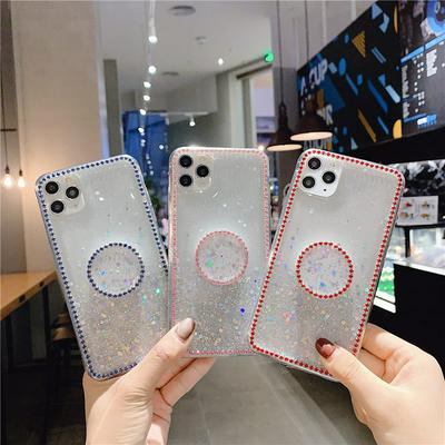 Drop Glue Quicksand Silver Foil Shockproof Diamond Studded Edge Transparent Soft TPU with Diamond Studded Airbag Kickstand Back Cover Case for iPhone 11 Pro 5.8