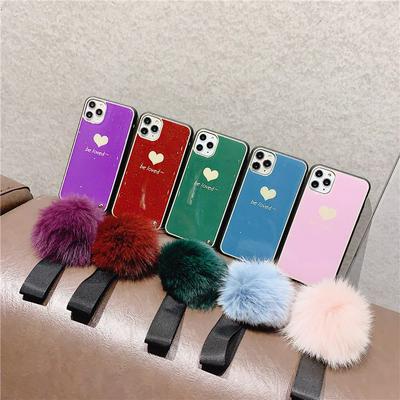 Love Pattern Drop Glue Glitter Powder Plating Shockproof Soft TPU with Hair Ball Lanyard Back Cover Case for iPhone 11 Pro Max 6.5