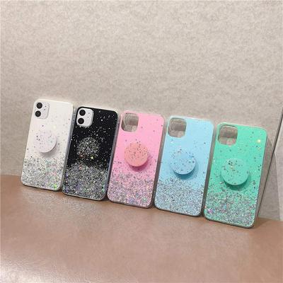 Epoxy Dripping Solid Color with Silver Foil and Ring Stand Support PC Back Cover Case for Apple iPhone 11(6.1) 