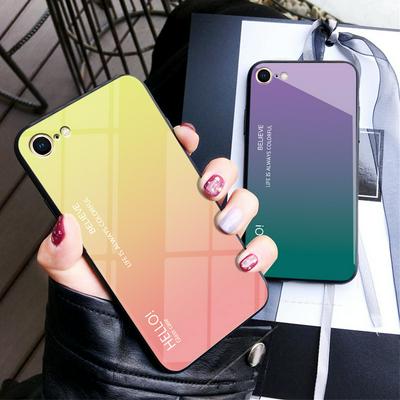 Luxury Gradient Bicolor 9H Explosion-Proof Anti-Scratch Tempered Glass Back + Soft TPU Bumper Frame Support Wireless Charging Back Cover Case for iPhone 7 / 8
