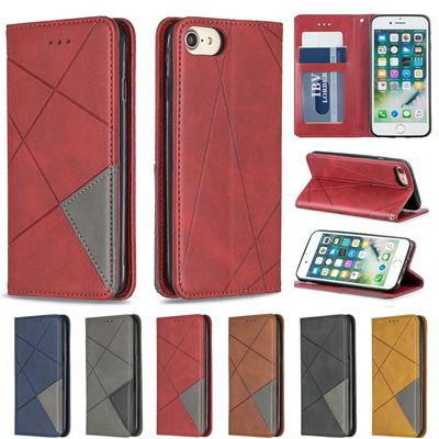 iPhone 7 / 8 PU+TPU Clamshell Phone Case Geometric Mosaic Pattern Retro Simple Solid Color Style Leather Phone Case