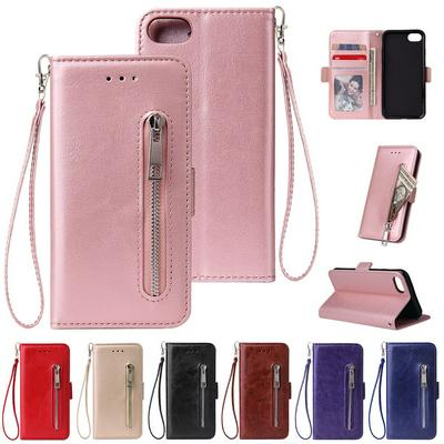 Leather Wallet Case for iPhone 8/7, Plain Zipper Phone Cover with Wrist Strap